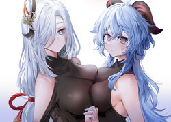 2girls absurd_res big_breasts blue_eyes blue_hair blush bodysuit breast_press breast_squeeze breasts cleavage fingers_interlocked ganyu_(genshin_impact) genshin_impact hair_between_eyes hair_ornament hair_over_one_eye hand_holding hi_res highres holding_hands horn horns huge_breasts large_breasts light-skinned_female light_skin looking_at_viewer mouth_open open_mouth plain_background pressing_breasts_together purple_eyes shenhe_(genshin_impact) shoulders side_view sideboob simple_background size_difference tight_clothing white_background white_hair yellow_eyes yuki_(asayuki101) yuri