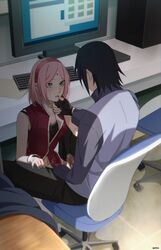 1boy 1girls after_fellatio after_oral after_sex black_hair boruto:_naruto_next_generations censor_bar censored censored_penis clothing computer computer_screen couple cum cum_on_face female forehead_jewel husband_and_wife male male/female married married_couple mosaic_censoring naruto naruto_(series) ni23ku penis pink_hair sakura_haruno sasuke_uchiha sitting sitting_on_chair straight