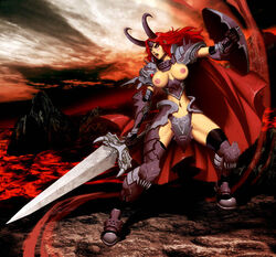 armor cape castle_age complex_background exposed_breasts female female_only genzoman keira navel red_hair shield sword tagme