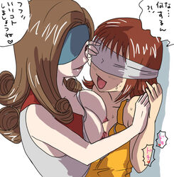 2girls beatrix_(final_fantasy) blindfold breasts brown_hair crossover eye_patch female final_fantasy final_fantasy_ix final_fantasy_viii hair long_hair multiple_girls nipples okura okurapuchi open_mouth selphie_tilmitt short_hair translation_request yuri