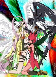 3girls 4_wings 8_wings angel_wings angewomon digimon fairy fairy_wings feathered_wings female ladydevimon leaf leaf_wings leaves lillymon multiple_females multiple_girls plant plant_girl vine_hair vines wings yuri