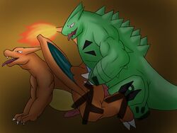 blush charizard claws color feral fire insertion interspecies male male_only multiple_males muscles nintendo nude penis pokemon pokemon_(species) puyopuyo_(artist) sex side_view tagme tail tail_fire tyranitar wings yaoi