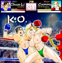 2girls arena beige_skin biceps big_breasts big_thighs black_eyebrows black_hair blonde_eyebrows blonde_hair blue_boxing_gloves blue_eyes blue_gloves blue_panties blue_thong blush boxing boxing_gloves boxing_match boxing_ring braided_hair braids breasts breasts_apart brown_eyes bun_cover cammy_white capcom catfight chun-li clothing defeated duo female female_only fight fighting_ring gameplay_mechanics gloves green_panties green_thong hair_buns highleg highleg_thong hud huge_breasts human human_only k.o. knocked_out large_breasts light-skinned_female light_skin long_twintails looking_up mostly_nude multiple_girls muscular muscular_female no_bra open_mouth pale-skinned_female pale_skin panties pigtails pussy pussy_visible_through_panties pussy_visible_through_thong red_boxing_gloves red_gloves small_nipples straight_hair street_fighter sweat sweaty_breasts teeth text thick thick_hips thick_thighs thighs thong tom-fembox topless topless_boxing twin_braids upper_teeth uppercut wide_hips