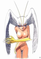 1girls antennae breasts claws curvaceous devilman feather_hair feathers female harpy head_wings highres humanoid large_breasts light-skinned_female light_skin monster_girl nude oldschool pubic_hair sirene solo sonoda_ken'ichi talons villainess white_hair wings