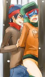 2boys against_wall anal arms_behind_back black_hair blindfold blue_eyes gay hat kyle_broflovski male male_only multiple_boys open_mouth pants_down red_hair sex south_park stan_marsh standing unknown_artist yaoi