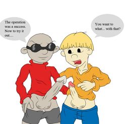 2boys bald balls blonde_hair codename:_kids_next_door color dark-skinned_male erection gay hair human human_only imminent_sex large_balls large_penis male male_only mouth_open multiple_males nigel_uno numbuh_1 numbuh_4 pants_down penis_size_difference pointing_at_penis seamaster smooth_skin sunglasses turtleneck wallabee_beetles yaoi