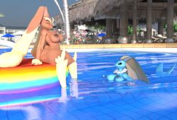 2girls 3d big_breasts blue_nipples detailed_background elitedog female female_focus female_only lopunny nintendo nipples nude pokémon_(species) pokemon pokemon_(species) pool vaporeon vaporunny water wet