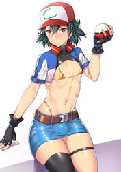 1boy abs androgynous arm_support ash_ketchum belly belt bikini black_hair blush brown_eyes canon_crossdressing crossdressing earrings femboy g-string girly gloves hat human looking_at_viewer male male_only midriff miniskirt nagase_haruhito navel nintendo poke_ball pokemon pokemon_rgby satoshi_(pokemon) shirt short_hair sitting skirt solo solo_male sweat thigh_strap thighhighs trap whale_tail white_background