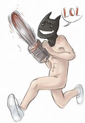 1boy abs american_psycho batman blood_stain chainsaw cowl dc dc_comics holding_object male male_only naked_footwear naked_with_shoes_on no_visible_genitalia nude patrick_bateman running snickering tagme