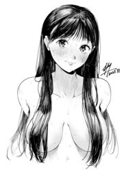 arms_behind_back bangs banned_artist blush breasts closed_mouth collarbone commentary_request dated female female greyscale hair_censor hair_over_breasts highres kamiyama_aya large_breasts long_hair looking_at_viewer monochrome original signature simple_background solo sweat upper_body white_background