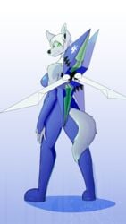 acethebigbadwolf anthro arwing ass breasts fur furry green_eyes grey_fur long_hair looking_at_viewer nintendo simple_background smile star_fox white_hair wings wolf wolf_ears wolf_tail