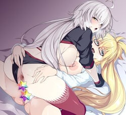 2girls 846-gou anus ass back bangs bikini black_bikini black_gloves blue_eyes breasts censored commentary_request eyebrows_visible_through_hair fate/grand_order fate_(series) glasses gloves grey_hair highres jeanne_alter jeanne_d'arc_(alter_swimsuit_berserker)_(fate) jeanne_d'arc_(fate) jeanne_d'arc_(swimsuit_archer)_(fate) large_breasts long_hair looking_at_viewer lying multiple_girls nipples novelty_censor on_back on_person on_stomach open_mouth ponytail purple_legwear revision saint_quartz_(fate) shrug_(clothing) smile spread_legs sweat swimsuit symbol-shaped_pupils take_your_pick thighhighs very_long_hair yellow_eyes