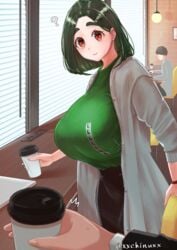 1girls 2boys :> ? artist_name artist_signature artist_website bakunyuu black_skirt blinds breasts brown_eyes bursting_breasts busty chinushroya coat coffee coffee_cup cup dark_green_hair disposable_cup dot_nose earrings enormous_breasts eye_contact facing_viewer female female_focus green_earrings green_eyebrows green_hair green_shirt hi_res high_resolution highres holding holding_cup huge_breasts jewelry long_sleeves looking_at_viewer massive_breasts original original_character overflowing_breasts oversized_clothes oversized_shirt price_tag question_mark red_eyes shirt shirt_tucked_in short_hair skirt smile smiling_at_viewer stud_earrings thick_eyebrows tight_clothing top_heavy top_heavy_breasts twitter twitter_username unknown_male voluptuous web_address window window_blinds xxchinuxx