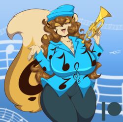 1girls 2021 anthro big_tail breasts cleavage clothing feline female female_only furry huge_breasts liona_mcgraw long_hair looking_at_viewer mastergodai musical_note ocelot rascals solo tail thick_thighs trumpet voluptuous wide_hips wink