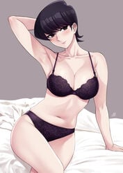 1girls 2021 arm_support arm_up armpit bed_sheet belly black_eyes black_hair bra breasts cleavage collarbone covered_nipples covered_pussy crossed_legs eyebrows eyelashes female female_focus female_only highres komi-san_wa_komyushou_desu komi_shuuko light-skinned_female light_blush light_skin lips looking_away mature mature_female mature_milf mature_tomboy medium_breasts milf navel pale-skinned_female pale_skin panties purple_bra purple_panties purple_underwear short_hair simple_background sitting sitting_on_bed solo solo_female tomboy tomboy_milf underwear xtermination