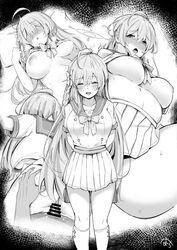 1boy ahoge bar_censor blue_archive blush bow breast_grab breasts breasts_out censored female grabbing greyscale halo hanako_(blue_archive) hemachi large_breasts long_hair looking_at_viewer lying make-up_work_club_(blue_archive) monochrome navel nipples penis pleated_skirt pussy sailor_collar school_uniform serafuku sex simple_background skirt straight trinity_general_school_student white_bow