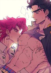 2boys artist_request big_pecs bigger_sub blush blushing gay hand_on_hair jojo's_bizarre_adventure jotaro_kujo lactating lactating_nipples lactation male/male male_focus male_lactation male_nipples male_only milking milking_nipple milking_partner muscular muscular_male nipple_pinch nipple_suck nipples noriaki_kakyoin open_shirt shirt_lift shirt_up smaller_dom smaller_dominant stardust_crusaders sucking_nipples sweat yaoi