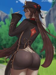 1girls 2021 artist_signature blush booty_shorts brown_eyes brown_hair female female_only genshin_impact hat hi_res hu_tao_(genshin_impact) long_hair looking_at_viewer looking_back outdoors savagexthicc short_shorts shorts star-shaped_pupils symbol-shaped_pupils thick_thighs thong twintails