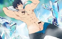 1boy abs bar_censor bara black_hair black_pants blue_eyes blue_male_underwear blush boxers censored chest_tattoo clenched_teeth clothes_pull commentary cross cross_necklace cum cum_on_body cum_on_boy day ejaculation erection facial fairy_tail gray_fullbuster jewelry kurosilver looking_at_viewer male_focus male_only male_underwear male_underwear_pull muscular muscular_male navel necklace nipples outdoors pants pants_pull pectorals penis projectile_cum shirt shirt_removed short_hair solo solo_male tattoo teeth thick_thighs thighs underwear undressing white_shirt