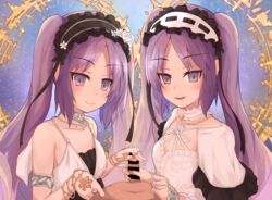 1boy 2girls armlet bangs bar_censor bare_shoulders blush bracelet breasts censored collarbone dress euryale_(fate) fate/hollow_ataraxia fate_(series) ffm_threesome frilled_hairband frills group_sex hairband halo handjob jewelry long_hair looking_at_viewer lypele multiple_girls multiple_handjob neck_ring open_mouth parted_bangs penis purple_eyes purple_hair ring sidelocks small_breasts small_penis small_penis_adoration smile stheno_(fate) straight teamwork threesome twintails very_long_hair white_dress