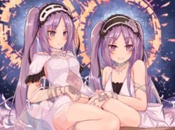 1boy 2girls armlet bangs bare_shoulders blush bracelet breasts collarbone cowgirl_position dark-skinned_male dark_skin dress euryale_(fate) fate/hollow_ataraxia fate_(series) ffm_threesome frilled_hairband frills grinding group_sex hairband halo handjob jewelry light-skinned_female light_skin long_hair lypele multiple_girls parted_bangs penis purple_eyes purple_hair ring sidelocks sitting sitting_on_person small_breasts smile stheno_(fate) straddling straight thigh_sex threesome twintails very_long_hair white_dress