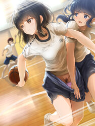 1boy 2girls accidental_exposure arm_up assisted_exposure ball basketball basketball_court blue_eyes blue_shorts blue_stripes breasts brown_eyes closed_mouth clothes_pull clothing commentary dutch_angle female_pubic_hair floating_hair groin gym_shirt gym_shorts gym_uniform hair_strand highres holding holding_ball long_hair looking_back multiple_girls original panties parted_lips pink_panties pubic_hair pubic_hair_peek running shirt shoes shorts shorts_pull small_breasts sneakers socks sparse_pubic_hair tachiinu underwear unlikely_accident v-shaped_eyebrows wardrobe_malfunction white_footwear white_legwear white_shirt wooden_floor