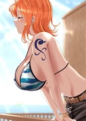 1girls bare_shoulders belt big_breasts bikini_top blue_and_white blush breasts closed_eyes female female_only huge_breasts leaning_forward log_pose midriff moriton nami navel no_shirt one_piece orange_hair pants partially_clothed pre-timeskip railing short_hair sky smile solo sunlight tattoo wood wooden_wall