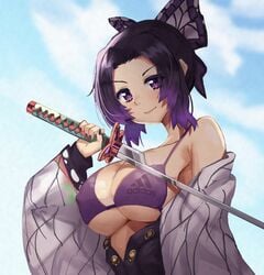 big_breasts bikini_top blush butterfly_hair_ornament dayshiart demon_slayer female female_only haori katana kimetsu_no_yaiba kochou_shinobu looking_at_viewer nail_polish nipple_bulge off_shoulder open_clothes open_shirt purple_bikini purple_eyes purple_hair purple_nails smile solo sword underboob upper_body