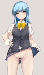 ascot black_skirt black_vest blouse blue_eyes blue_hair blush clothes_lift commentary_request eyebrows_visible_through_hair female female_pubic_hair grey_background hand_on_hip hatsukaze_(kantai_collection) highres hime_cut kantai_collection long_hair looking_at_viewer no_panties open_mouth pleated_skirt pubic_hair pussy_juice simple_background skirt skirt_lift solo vest wasumi_kei white_blouse yellow_ascot