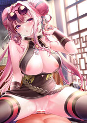 1boy :o areolae azur_lane bar_censor bare_shoulders black_legwear blush braid breasts bremerton_(azur_lane) bremerton_(kung_fu_cruiser)_(azur_lane) censored china_dress chinese_clothes cleavage cleavage_cutout clothing_cutout covered_navel cowgirl_position cowgirl_position double_bun dress eyewear_on_head female hair_intakes highres large_breasts long_hair looking_at_viewer mole mole_on_breast motion_lines nail_polish nipples official_alternate_costume parted_lips pelvic_curtain penis pink_eyes pink_hair pontaro18 pussy sex sitting solo_focus straddling straight sunglasses thighhighs trembling vaginal_penetration