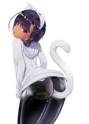 absurdres anal anal_object_insertion animal_ears ass bangs black_bodysuit black_hair bodysuit buttplug buttplug_tail cat_ears commentary_request dark-skinned_female dark_skin eyebrows_visible_through_hair fake_tail female highres hood hood_down latex latex_bodysuit long_sleeves looking_at_viewer object_insertion original purple_eyes sex_toy shouyan skin_tight solo tail tongue tongue_out