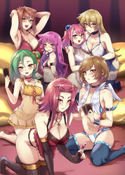 6+girls 7girls akiza_izinski alexis_rhodes all_fours anzu_mazaki armpits arms_up big_breasts black_nails black_sleeves black_stockings blonde_hair blue_angel blue_eyes blue_garter_belt blue_garter_straps blue_stockings blush bra breasts brown_eyes brown_hair card collar earrings female female_only garter_belt garter_straps glove green_hair happy hiiragi_yuzu holding_card huge_breasts human izayoi_aki kirishima_romin kotori_mizuki lingerie long_hair long_sleeves looking_at_viewer mazaki_anzu medium_breasts mibry_(phrysm) multiple_girls necklace negligee no_shoes open_mouth pink_hair purple_glove purple_hair purple_stockings red_hair short_hair sleeves_past_elbows small_breasts smile smiling_at_viewer stockings tea_gardner tenjouin_asuka thick_thighs thighhighs thighs tori_meadows uncensored underwear underwear_only very_long_hair yellow_eyes yu-gi-oh! yu-gi-oh!_5d's yu-gi-oh!_arc-v yu-gi-oh!_duel_monsters yu-gi-oh!_gx yu-gi-oh!_sevens yu-gi-oh!_vrains yu-gi-oh!_zexal zaizen_aoi zuzu_boyle