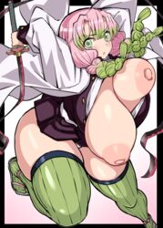 action_pose bangs big_breasts big_nipples bouncing_breasts braided_hair breasts breasts_out clothing curvaceous demon_slayer enormous_breasts female female_only green_eyes haori huge_breasts kanroji_mitsuri kimetsu_no_yaiba komusou_(jinrikisha) large_areolae long_hair looking_at_viewer massive_breasts mole_under_eye open_shirt pink_hair pleated_skirt plump slightly_chubby solo sword thick_thighs thighhighs thunder_thighs two_tone_hair uniform voluptuous wide_hips zettai_ryouiki