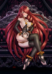 1girls apocalipsejack breasts bridal_legwear heart highres jewelry large_breasts long_hair looking_at_viewer mitsuru_kirijo persona persona_3 pussy pussy_juice red_hair smile solo throne toeless_legwear underwear wet