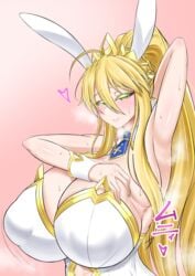 1girls ahoge armpit_peek armpits artoria_pendragon artoria_pendragon_(all) artoria_pendragon_(fate) artoria_pendragon_(lancer) artoria_pendragon_(swimsuit_ruler) big_breasts blonde_hair blue_tie blush blushing_at_viewer bodysuit breasts bunny_costume bunny_ears bunnysuit clothed_female collar covered_nipples crown cuffs curvaceous curvy curvy_female curvy_figure fate/grand_order fate_(series) female gold_crown gorio green_eyes hand_behind_head hand_on_breast heart imminent_sex inviting japanese_text large_breasts long_hair looking_at_viewer mouth_closed pink_background pink_cheeks pink_heart pink_text pose posing pov presenting presenting_armpit raised_eyebrows seducing seductive seductive_eyes seductive_look simple_background skin_tight skintight sole_female solo_female solo_focus sound_effects steam steaming steaming_body steamy sweat sweatdrop tie tied_hair tight_fit very_long_hair visible_breath visible_stench voluptuous white_background white_bodysuit white_bunny_ears white_collar white_cuffs