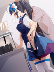 1boy aoi_ch. black_hair blue_bow blue_bowtie blush bow bowtie closed_eyes commentary_request cooking female fingering fuji_aoi hair_ornament hand_under_clothes heavy_breathing highres long_hair mole mole_under_eye ponytail short_sleeves standing straight thighhighs tongs uno_ryoku virtual_youtuber white_legwear