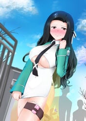 black_hair black_necktie black_panties blue_sky blurry blurry_background blush boob_window breasts clenched_hand clenched_teeth cloud collared_dress commentary_request controller covered_navel cropped_jacket day dress dress_tug dutch_angle embarrassed female forehead green_jacket hair_ribbon half-closed_eyes hand_up highres jacket kagitsume large_breasts long_hair long_sleeves looking_at_viewer mahouka_koukou_no_rettousei necktie nose_blush open_clothes open_jacket outdoors panties public public_indecency pussy_juice red_eyes remote_control remote_control_vibrator ribbon saegusa_mayumi see-through sex_toy shiny shiny_hair shiny_skin short_dress side_slit sidelocks silhouette sky slit_dress solo_focus standing striped striped_ribbon sweat teeth thigh_strap tugging_clothing underboob underwear vibrator vibrator_cord vibrator_under_clothes walking white_dress white_ribbon