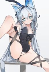 ? alternate_costume animal_ear_fluff animal_ears arknights ass bar_censor breasts cameltoe cat_ears cat_tail censored crotchless crotchless_leotard expressionless female green_eyes grey_background grey_hair has_uncensored_version highres leg_lift lifted_by_self long_hair looking_at_viewer mikozin on_table oversized_breast_cup playboy_bunny pussy rabbit_ears rosmontis_(arknights) simple_background sitting small_breasts solo spread_legs table tail thigh_strap very_long_hair wristband