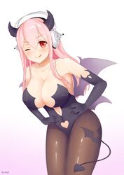 1girls bat_print blush gloves hands_on_hips headphones horns keokz large_breasts leggings leotard long_hair looking_at_viewer navel nitroplus pink_hair red_eyes smile solo standing succubus super_sonico tail tongue_out wings wink