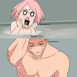 1boy 1girls bath bathing bathtub blank_eyes blood blush boruto:_naruto_next_generations cheating cheating_wife closed_eyes female looking_at_partner male muscular muscular_male naruto naruto:_the_last naruto_shippuden netorare nosebleed ntr open_mouth partially_submerged pecs pink_hair posing sakura_haruno sanokumie split_screen surprised tease uzumaki_naruto wet wet_skin yellow_hair