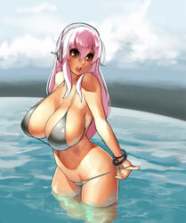 1girls bikini bikini_pull bracelet eu03 headphones jewelry large_breasts long_hair looking_at_viewer nitroplus open_mouth pink_hair red_eyes smile solo standing super_sonico water wet