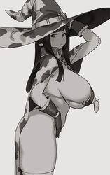 1girls big_breasts bovine_humanoid breasts cow_print cow_witch_(houtengeki) female female_only houtengeki large_breasts looking_at_viewer monochrome revealing_clothes sideboob solo thick_thighs thighhighs witch_hat