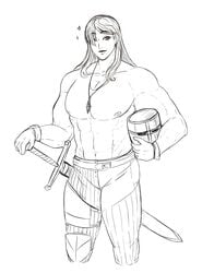 abs ambush_(trap) androgynous beauty_mark eyelashes femboy franktonius hair_over_one_eye knight lips long_hair looking_at_viewer male male_focus male_only muscles muscular muscular_male muscular_trap pecs solo solo_male sword toned trap weapon