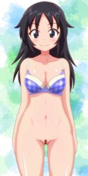 absurdres ass_visible_through_thighs black_hair blue_bra blue_eyes blush bottomless bra breasts censored cleavage closed_mouth collarbone female freckles girls_und_panzer gogopaint highres long_hair medium_breasts navel pointless_censoring pussy shiny shiny_hair shiny_skin smile solo standing underwear yamagou_ayumi