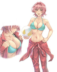 1girls beach_ball big_breasts bikini_top cleavage female female_only hand_on_hip jacket_around_waist kantai_collection kinu_(kantai_collection) kokuzou looking_at_viewer pink_hair short_hair solo tomboy track_jacket track_pants undressing yellow_eyes