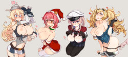 4girls accidental_exposure big_breasts black_gloves black_legwear blonde_hair blue_eyes blush breasts breasts_out choker christmas_outfit cleavage elbow_gloves female female_only fur_trim gambier_bay_(kantai_collection) garter_straps gloves graf_zeppelin_(kantai_collection) hairband headgear headwear iowa_(kantai_collection) kantai_collection kinu_(kantai_collection) kusanagi_tonbo long_hair looking_at_viewer military_hat miniskirt multiple_girls off_shoulder open_clothes open_shirt orange_eyes panties_down pants_down panty_pull pink_hair santa_hat short_hair star-shaped_pupils sweatdrop tears thighhighs twintails uniform wardrobe_malfunction white_legwear white_thighhighs