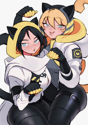 2d 2girls apex_legends belt cat_ears cat_tail clothed eyebrows_visible_through_hair horny horny_female lichtenberg_figure naughty_face scar simple_background thick thick_ass thick_hips thick_legs thick_thighs tight_clothes tight_clothing tight_pants unknown_artist void_prowler_wraith wattson_(apex_legends) wraith_(apex_legends)