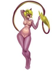 anthro barely_visible_genitalia barely_visible_pussy breasts female genitals green_hair green_tail hair hand_on_leg hand_on_tail hand_on_thigh hi_res nipples nude nuxinara purple_body pussy red_nipples simple_background solo standing tiptoes