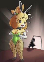 2019 aeonspassed animal_crossing anthro black_eyes brown_fur bunny_ears bunnysuit canine cleavage female fishnet_stockings isabelle_(animal_crossing) looking_back male nintendo rabbit_ears surprised villager_(animal_crossing) yellow_fur