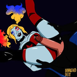 1boy 1girls alternate_breast_size artist_request batman_(series) big_breasts big_penis blue_eyes breasts catsuit clothed dc dc_comics dick_grayson female female_focus harleen_quinzel harley_quinn harley_quinn_(2019) harley_quinn_(series) imminent_sex large_breasts latex latex_suit lying_on_back makeup male nightwing no_background pale_skin penis penis_out pre_sex precum rubbing_pussy skin_tight superhero villain white_skin